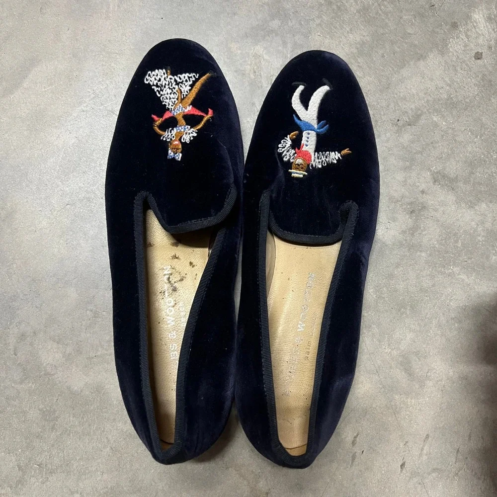 Stubbs & Wootton Navy Embroidered Dancer Couple Slippers Loafers Size 9 Spain